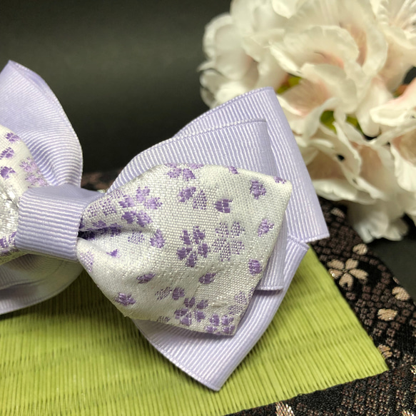 京都 西陣織 白紫小桜 × 紫 アシメリボンクリップ 2枚目の画像