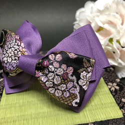 京都 西陣織 菊花柄 × 濃い紫 アシメリボンクリップ 2枚目の画像