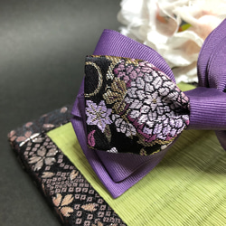 京都 西陣織 菊花柄 × 濃い紫 アシメリボンクリップ 3枚目の画像