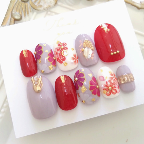 和柄 菊×赤 ネイルチップ 和装/結婚式/前撮り 成人式/振袖/袴着物/卒業式