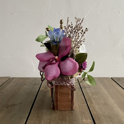 2WAY　マムと蘭の和風アレンジS　アーティフィシャルフラワー　造花　ナチュラル木製ボックス　和モダン　敬老の日　還暦祝 12枚目の画像