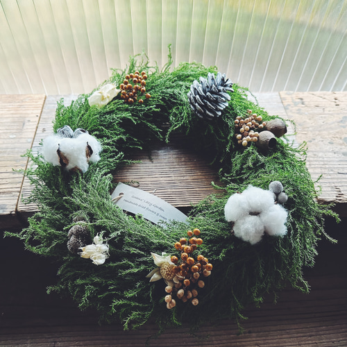 Winter wreath c / コニファーゴールドクレストのリース* 水引