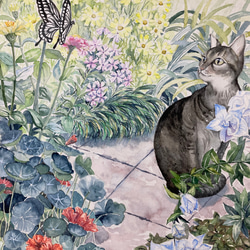 庭のめい Mei in the garden 猫の絵 花の絵 原画 絵画 Setsu