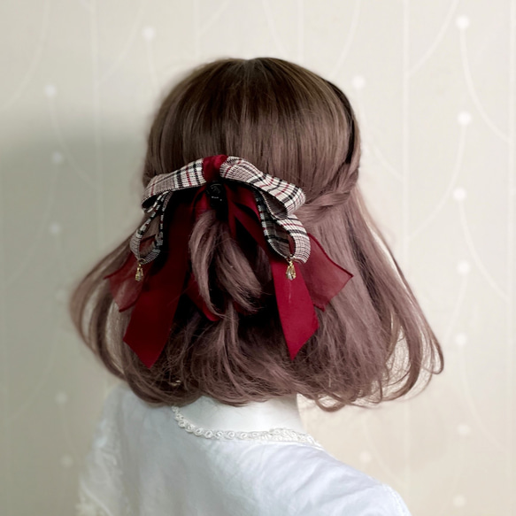 ダークレッドチェック柄ペンダント バナナクリップ スプリングクリップ ヘアフォーク ヘアリング 大腸 サークルエッジクリップ ポ 1枚目の画像