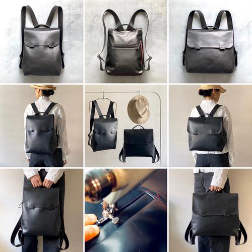 赤ステッチ黒革の横長リュック リュック・バックパック 工房 花実 通販