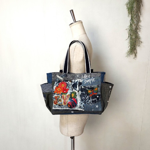 デニムリメイクバックM お花刺繍スマイル☺︎ デニムフラワー刺しゅう 2WAYショルダートート | 京都通販ミセス