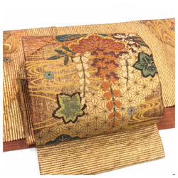 美品　金茶　上質　正絹　袋帯　二部式　箔　太織　松模様　二重太鼓　作り帯　 1枚目の画像