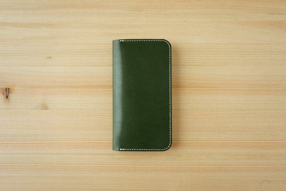 牛革 iPhone14/14pro カバー  ヌメ革  レザーケース  手帳型  グリーンカラー 1枚目の画像