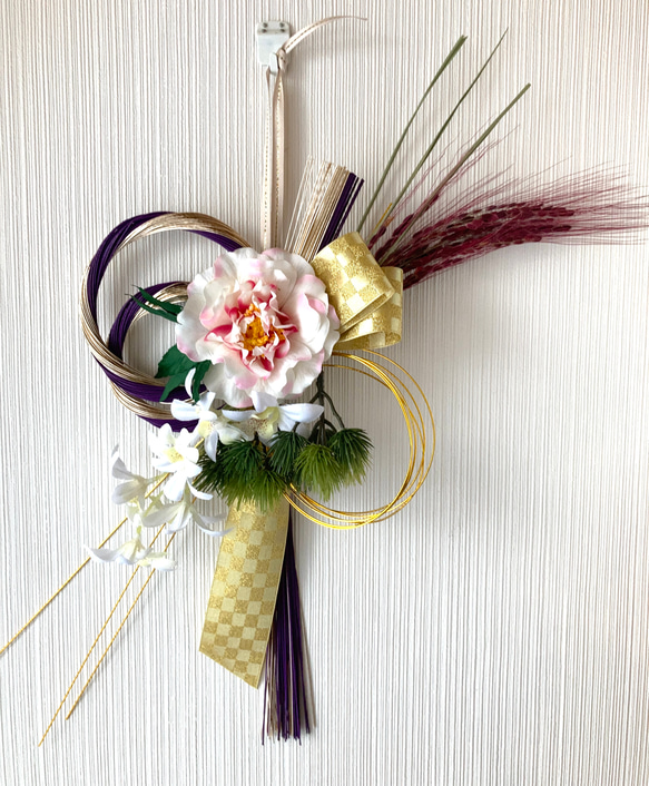 水引金紫正月しめ飾り・桃色椿と蘭 2枚目の画像