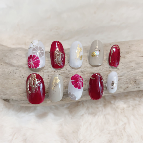 成人式ネイルチップ 和風 和柄 和装 着物 振り袖 赤色 レッド 菊柄  
