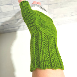ハンドウォーマー　くすみ緑グレー　ウール100%　編み物　手編み　レース編み　① 4枚目の画像