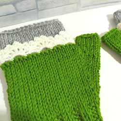 ハンドウォーマー　くすみ緑グレー　ウール100%　編み物　手編み　レース編み　① 7枚目の画像