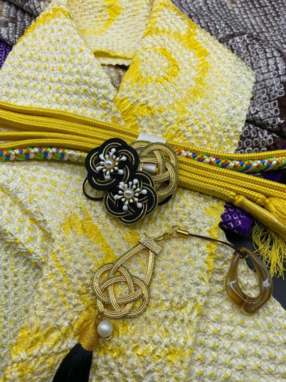 0946アレンジ帯揚5点セット 総絞り　半襟・帯留め・根付・絹帯締め 2枚目の画像