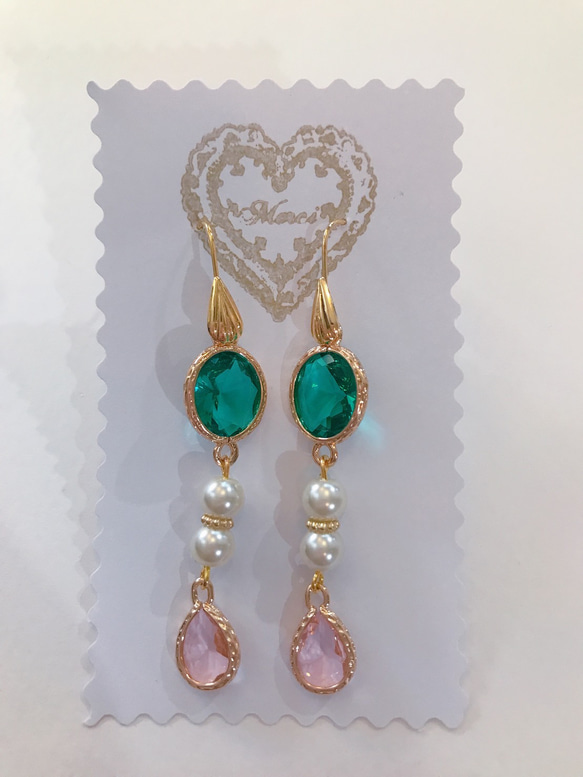 babypinkdrop princess pierce with pearl(K18GF) emeraldgreen 1枚目の画像