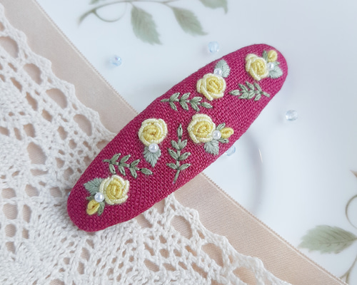 大人可愛い yellow rose 刺繍パッチンピン 薔薇刺繍パッチンピン