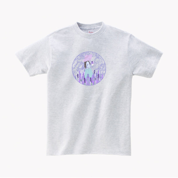原創插畫女生孩童薰衣草花園優雅紫羅蘭圖案灰白色T恤 第1張的照片