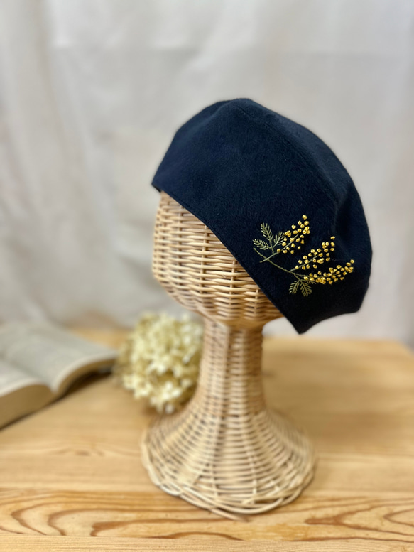 秋冬【厚地/大人】播州織ミモザ刺繍 こなれベレー帽 ネイビー ベレー帽