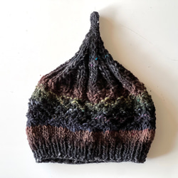 １点限定！　新作！野呂英作毛糸使用どんぐりニット帽子　手編み　ブラックブラウングラデーション 1枚目の画像