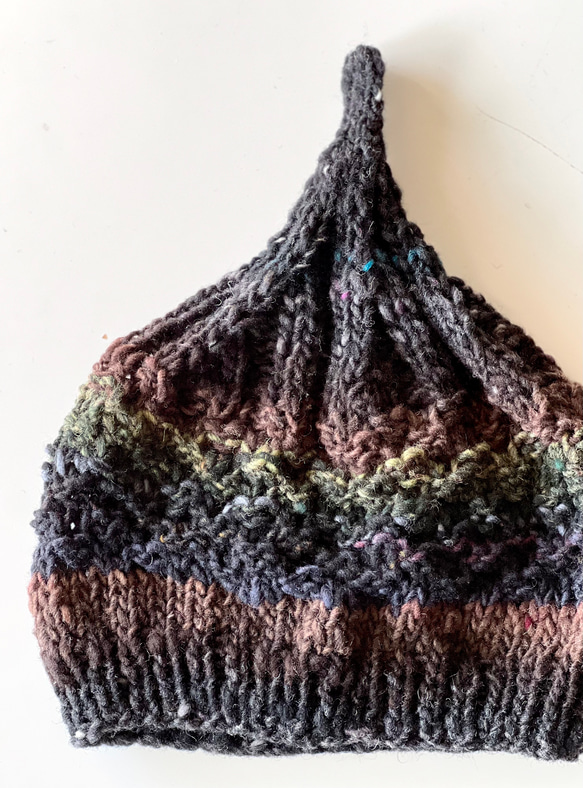 １点限定！　新作！野呂英作毛糸使用どんぐりニット帽子　手編み　ブラックブラウングラデーション 2枚目の画像