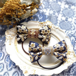 インド刺繍リボンのヘアゴム(no.170ジャスミン小花・ボタニカル刺繍