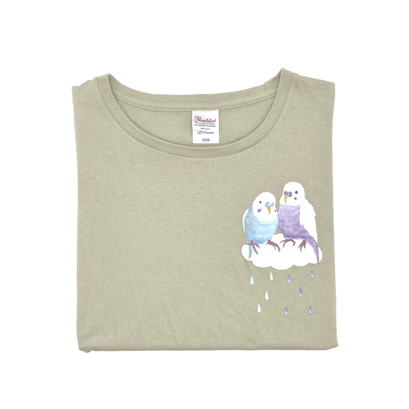 オリジナルイラスト 女の子と子供 かわいい 雲 雨粒 ピンク ブルー ピンク パープル ペット 鳥 グレー Tシャツ 2枚目の画像
