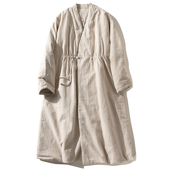綿麻コート　Vネックロングコート　レトロ　暖かいコート　ベージュ　#L131BE 1枚目の画像