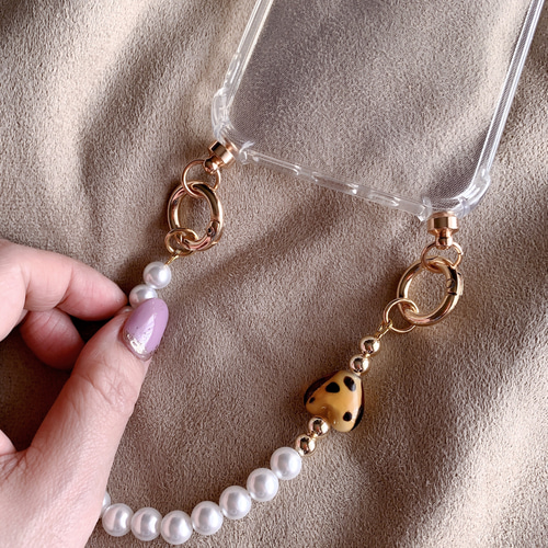 ハートビーズ カラビナ スマホストラップ ハンドストラップ ゴールド