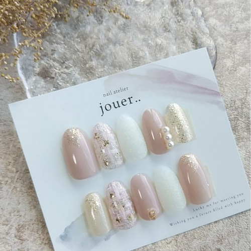 53】ふんわりピンクのツイード♡ シュガーネイル パール ネイル  