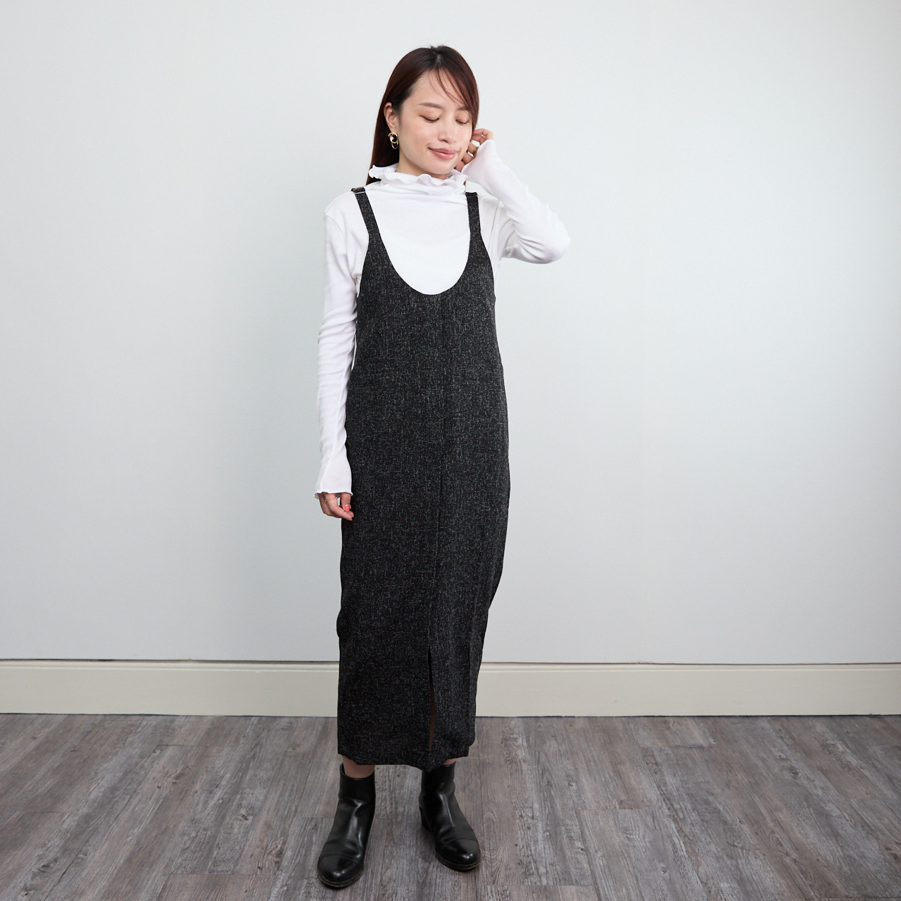 ツイード風 前スリット ワンピース 2サイズ　ブラック　0549BK