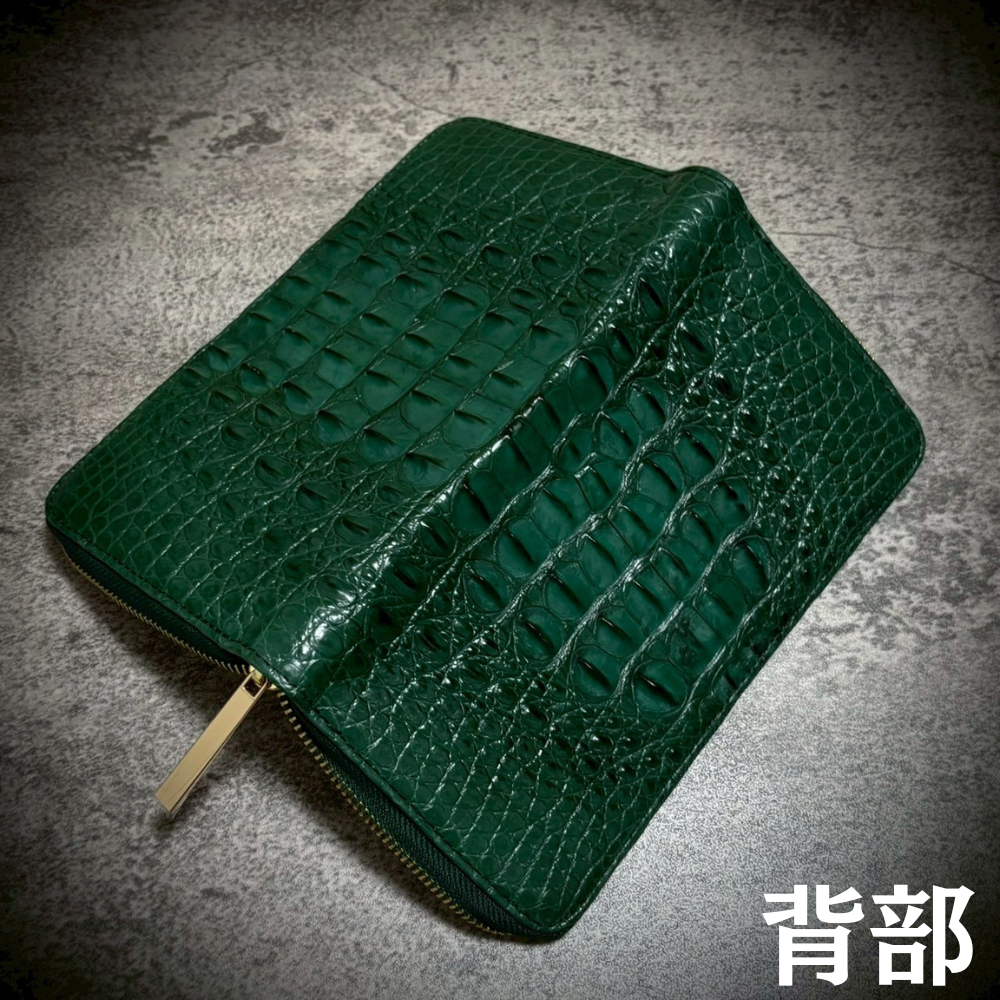 クロコダイル メンズ財布 長財布 大容量 カード２７枚 頭部 背部 グリーン 緑 ワニ革 本物証明書付き