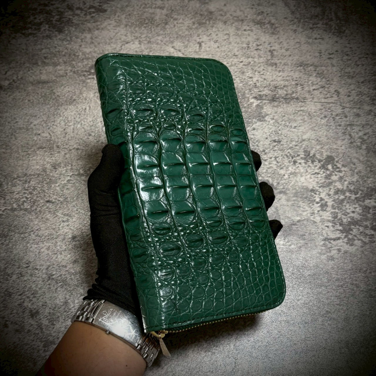 クロコダイル メンズ財布 長財布 大容量 カード２７枚 頭部 背部 グリーン 緑 ワニ革 本物証明書付き