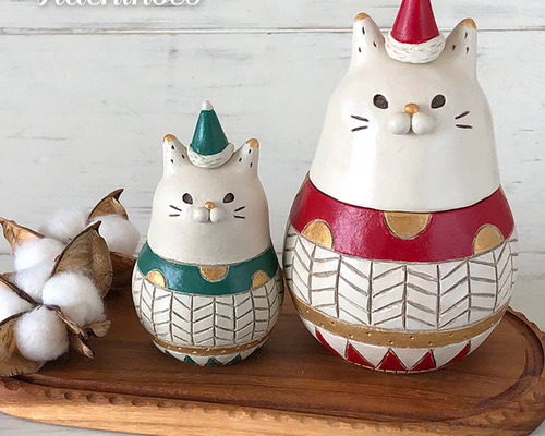 クリスマスに】ペアサンタ猫マトリョーシカオブジェ その他インテリア