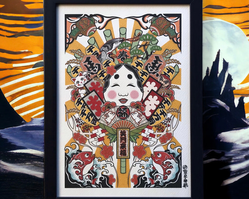 【真作】絵画　日本画4号　福を集める熊手　縁起の良い書画作品　運気上昇　W37 真作】絵画 日本画4号 福を集める熊手 縁起の良い書画作品 運気