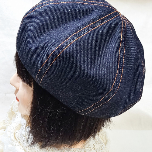 岡山デニム☆ベレー帽(オレンジステッチ)56cm ベレー帽