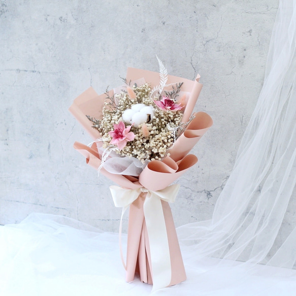 中型乾燥花花束—粉色紅 第3張的照片