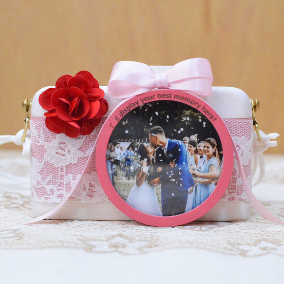 【春色新作2023】大人かわいい結婚祝い用レース付カメラ型フォトフレーム　ピンク 4枚目の画像