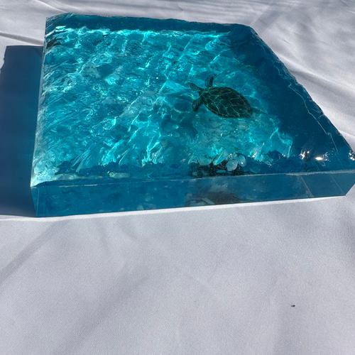 インテリアアートブロック ラージ エメラルドブルーの海とカメ