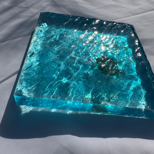 インテリアアートブロック ラージ エメラルドブルーの海とカメ