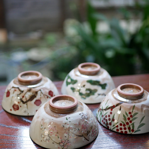 京焼・清水焼 ご飯茶碗 絵柄違い（南天・雪松・紅白梅・枝垂れ桜