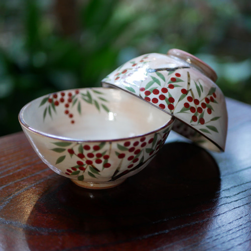 京焼・清水焼 ご飯茶碗 絵柄違い（南天・雪松・紅白梅・枝垂れ桜
