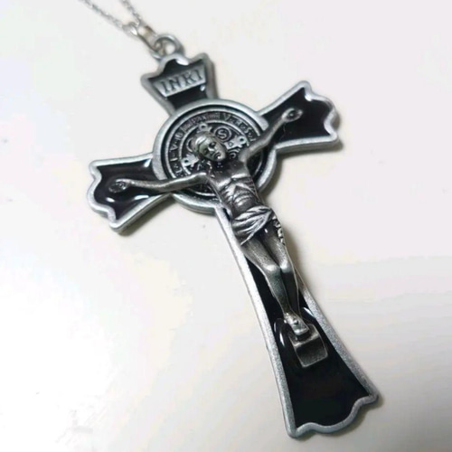 大きめ7cm聖ベネディクトの十字架 御守りロザリオネックレス 黒
