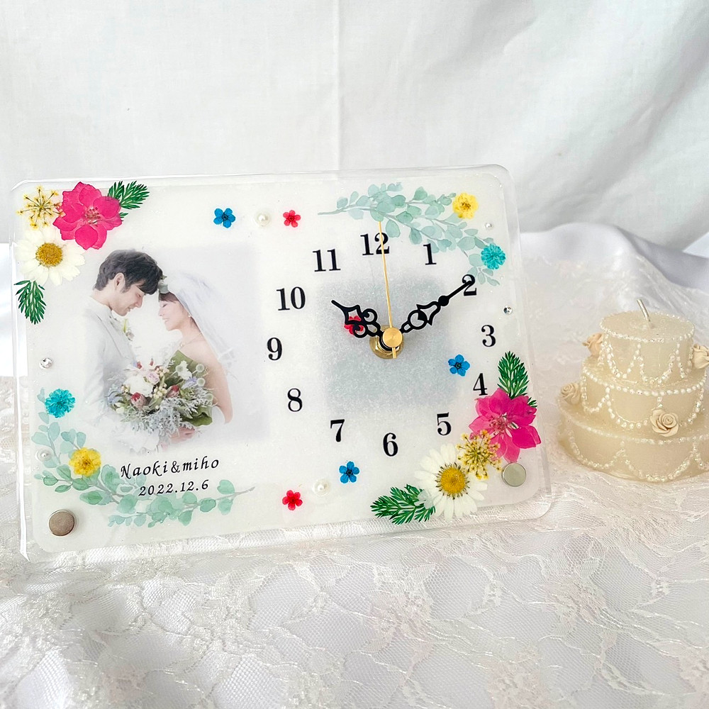 【ギフト】押し花 花時計 【フラワーフォトクロック・Wedding  置時計】 ハンドメイド ギフト