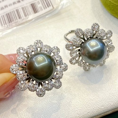 未使用品 タヒチ 黒蝶真珠 シルバー リング パール リング 指輪 ブラックパール 黒タヒチ黒蝶真珠 11mm