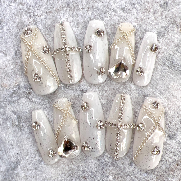 チップ種類、カラー変更可能》韓国チェーンストーンクロスハート