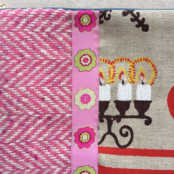 [免運費] 羊毛拼布手袋蠟燭和粉色人字紋 第2張的照片