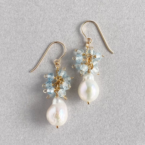 淡水パールとアクアマリンのピアス／イヤリング 14kgf ピアス（フック