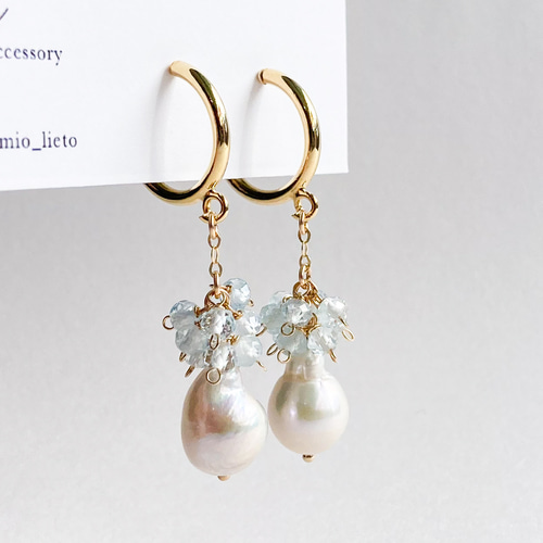 淡水パールとアクアマリンのピアス／イヤリング 14kgf ピアス（フック
