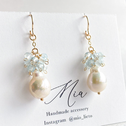 淡水パールとアクアマリンのピアス／イヤリング 14kgf ピアス（フック