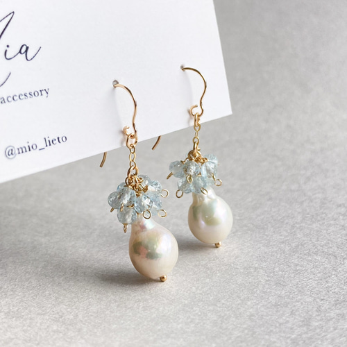 淡水パールとアクアマリンのピアス／イヤリング 14kgf ピアス（フック