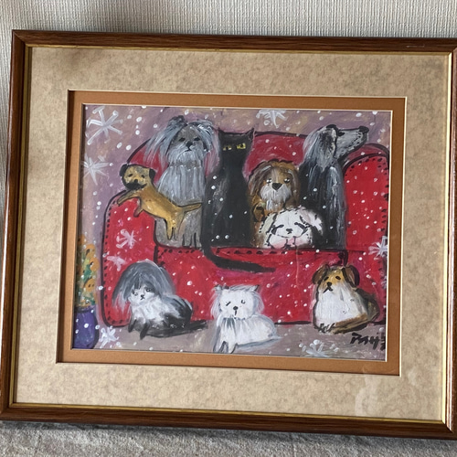 絵画。原画手描き【雪が降る冬、かわいい犬と猫の楽しい写真記念
